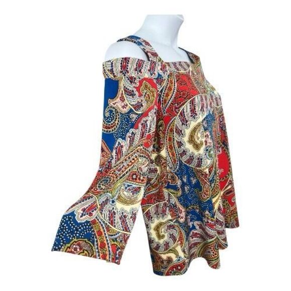 Chico’s Blue Multicolor Paisley Blouse Size 3 (XL/16) Cold-Shoulder Stretch - Picture 4 of 14